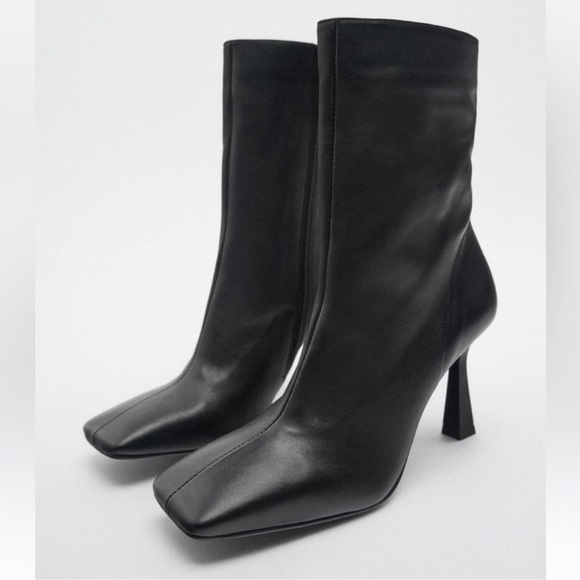 Zara Shoes - ZARA SQUARE TOE BLACK LEATHER BOOTS SIZE 9 EU 40